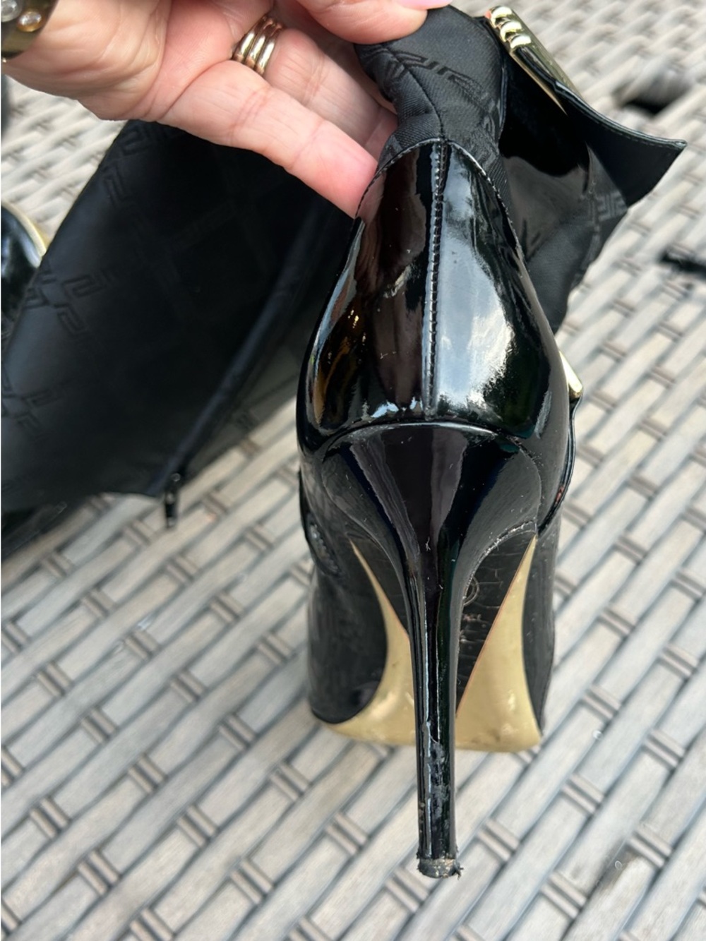 Versace Black Patent Leather Knee Boots with Gold Hardware - Picture 6 of 9